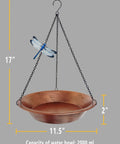Outdoor Hanging Bird Bath In Antique Copper Metal With 17 Inch Rust Proof Black Chains Durable Iron Bird Feeder Bowl For Garden And Backyard Decor Weather Resistant And Easy To Clean with a dragonfly accent.