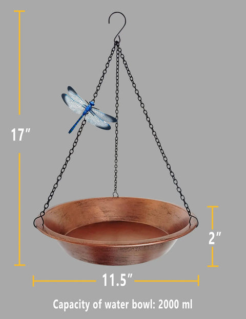 Outdoor Hanging Bird Bath In Antique Copper Metal With 17 Inch Rust Proof Black Chains Durable Iron Bird Feeder Bowl For Garden And Backyard Decor Weather Resistant And Easy To Clean with a dragonfly accent.