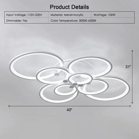 Cool 8-Ring LED Dimmable Ceiling Light With Remote, white finish, flush mount design, dimensions 40x31 inches, for modern interiors.