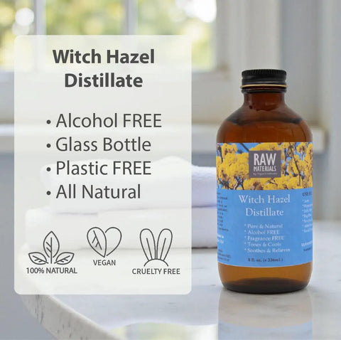 Alcohol Free Witch Hazel Distillate Face Toner With Fragrance Free Natural Astringent For Clear, Brightening Skin in 8oz amber bottle on table