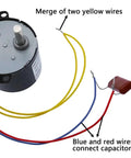 Permanent Magnet Synchronous Motor With Speed Reducer, 110V AC High Torque Drive, Reversible Inversion, 220V 8 RPM Output, Plug And Play Ready For DIY Projects, RC Cars, E Scooters, Small Appliances And Hobby Machines with visible yellow, blue, red wires and capacitors.