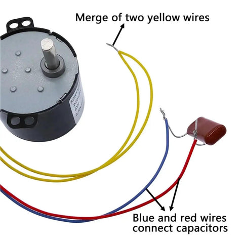 Permanent Magnet Synchronous Motor With Speed Reducer, 110V AC High Torque Drive, Reversible Inversion, 220V 8 RPM Output, Plug And Play Ready For DIY Projects, RC Cars, E Scooters, Small Appliances And Hobby Machines with visible yellow, blue, red wires and capacitors.