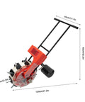 Manual Hand Push Garden Seeder Walk Behind Row Crop Planter With 10 Nozzles, black handle and red body, size dimensions shown