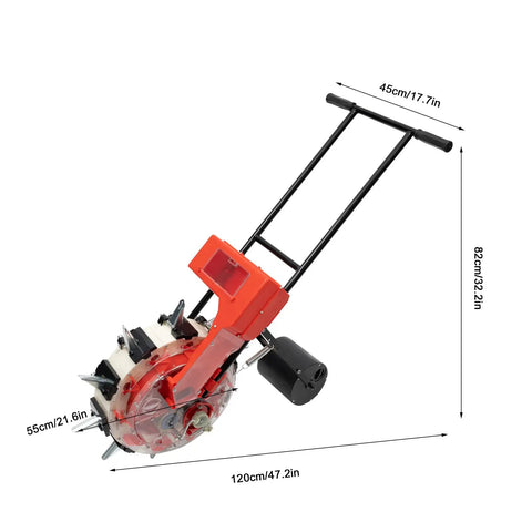 Manual Hand Push Garden Seeder Walk Behind Row Crop Planter With 10 Nozzles, black handle and red body, size dimensions shown