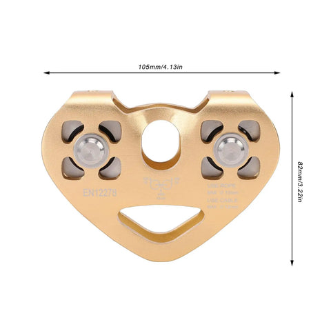 Front view of Tandem Dual Zipline Pulley Heavy Duty With 30KN Breaking Strength for cable rope rescue and climbing hauling.