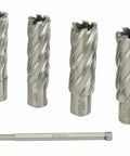 Pro Level Magnetic Drill Press Featuring Badass 2700 Lbs Clamping Power And Top Tier 2 Inch High Speed Steel Annular Cutter Kit, seven steel cutters.