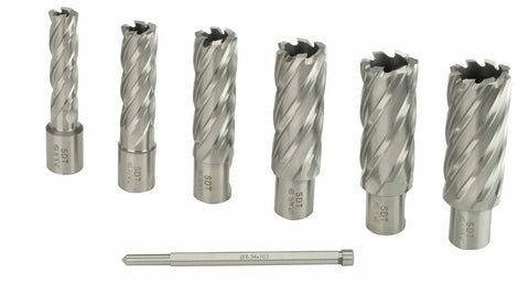 Pro Level Magnetic Drill Press Featuring Badass 2700 Lbs Clamping Power And Top Tier 2 Inch High Speed Steel Annular Cutter Kit, seven steel cutters.