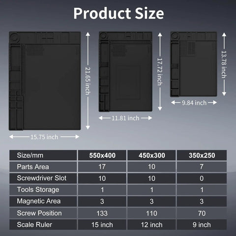 Large Soldering Mat Heat Resistant Up To 932 Fahrenheit shown in three sizes with dimensions and features listed