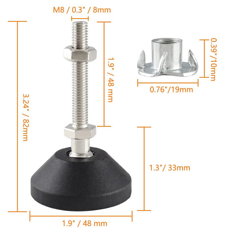 Adjustable Leveling Feet With Swivel Furniture Levelers And Table Leg Glides For Chairs Workbenches Cabinets Shelving Racks 1.9 Inch Base M8 Thread Length 4 Pcs