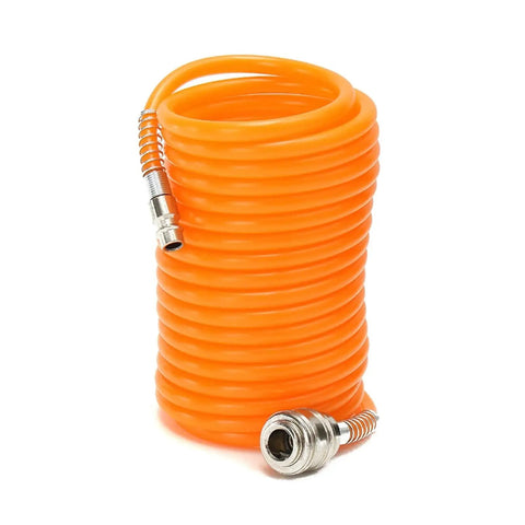 Coiled air hose, orange, compatible with Badass Professional Grade Pneumatic Sprayer Kit for garage jobs.