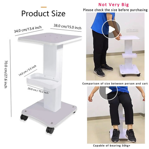 Dimensions and size comparison of Esthetician Trolley Cart With Silent Wheels For Spa And Beauty Salon with a person for scale.