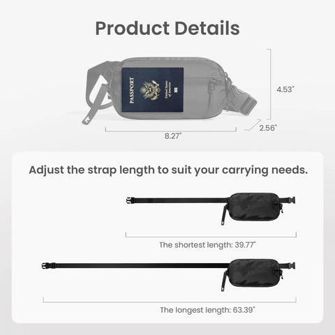 1.5L Sling Bag With RFID Blocking, Crossbody Chest Pack dimensions and adjustable strap details shown.