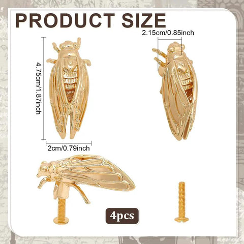 Sweet Cicada Style Golden Brass Cabinet Knobs Four Pack For Fresh Kitchen And Bedroom Upgrade Heckin Cool Insect Design with sizes.