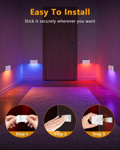 Install guide for Rechargeable Motion Sensor Stair Lights With RGB And Warm White, wireless indoor night lights in hallway.