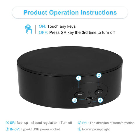 Bosgladek Motorized Rotating Display Stand control panel showing operation buttons and Type-C USB port for powering device.