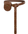 Snag This Kickass PU Leather Medieval Belt With Vintage Pirate Pouch Bag Heavy Duty Metal Clasp Adjustable Hip Fanny Pack For Renaissance Cosplay And Trail Runs Durable Brown Strap Fits Everyone Smooth Ride, showing brass clasp and studs.