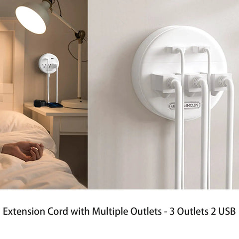10 Foot Flat Plug Extension Cord With 3 Outlets Power Strip And 2 USB Ports Desk Side Charging Station Wall Mount in use