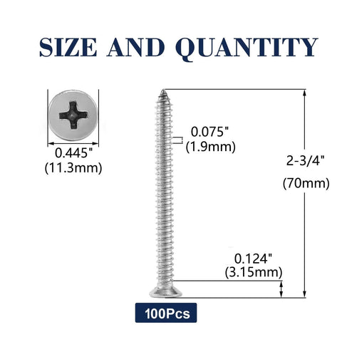 Size 14 Wood Screws Two And Three Quarter Inch 100 Count Stainless Steel 304 Self Tapping Flat Head Phillips dimensions diagram
