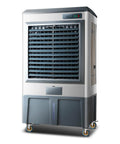 Top Shelf Portable Swamp Cooler With Honeycomb Evaporative Cooling Pads And Ice Water Tank For Powerful Heat Wave Eraser And Crisp Breeze Ideal For Garage Patio Basement Chill Zones, shown from the front with control panel.