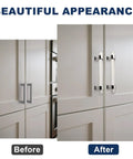 Before and after comparison showing cabinets with 5 Pack Polished Chrome Acrylic Cabinet Pull Handles For Kitchen Drawers And Bathroom Cabinets, 3 Inch Center To Center, 110mm Total Length, 38mm Height, Zinc Alloy Base With Clear Acrylic Tube, Modern Hardware Update.