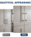 Level Up Your Home Game With This 5 Pack Of 5 Inch Center To Center Acrylic Cabinet Handles And Super Sleek Polished Chrome Drawer Pulls For Kitchens And Dressers showing before and after on cabinet doors.