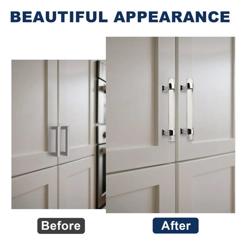 Level Up Your Home Game With This 5 Pack Of 5 Inch Center To Center Acrylic Cabinet Handles And Super Sleek Polished Chrome Drawer Pulls For Kitchens And Dressers showing before and after on cabinet doors.