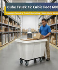 Heavy Duty White Rolling Garbage Can With 600 Pound Load Rating And 12 Cubic Foot Construction Dump Cart in warehouse with boxes.
