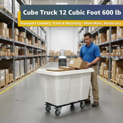 Heavy Duty White Rolling Garbage Can With 600 Pound Load Rating And 12 Cubic Foot Construction Dump Cart in warehouse with boxes.