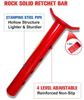 Close-up of red rock solid ratchet bar from 3 Ton Foldable Jack Stands For Trucks And SUVs With Adjustable Height 11.42 To 16.06 Inches Safety Pin Built Tough Steel Red Ideal For Home Garage Workshops And UTV ATV Maintenance 1 Pair, showing hollow structure and non-slip design.