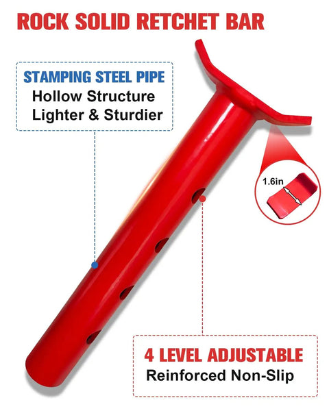 Close-up of red rock solid ratchet bar from 3 Ton Foldable Jack Stands For Trucks And SUVs With Adjustable Height 11.42 To 16.06 Inches Safety Pin Built Tough Steel Red Ideal For Home Garage Workshops And UTV ATV Maintenance 1 Pair, showing hollow structure and non-slip design.