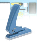 Blue metal handheld hole puncher with 5.5 mm size and scraps box; displayed with office supplies; Compact Five Point Five Millimeter Hole Puncher Built Tough Metal Handheld Punch For Paper Cards Crafts 40 Sheet Capacity With Non Slip Movable Paper Scraps Box Lightweight Easy Grip For Home Office School Projects.