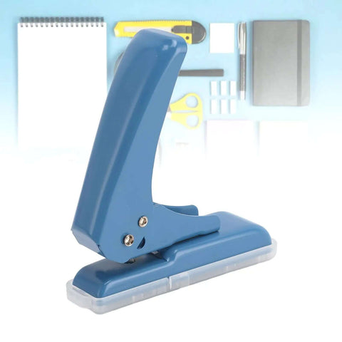 Blue metal handheld hole puncher with 5.5 mm size and scraps box; displayed with office supplies; Compact Five Point Five Millimeter Hole Puncher Built Tough Metal Handheld Punch For Paper Cards Crafts 40 Sheet Capacity With Non Slip Movable Paper Scraps Box Lightweight Easy Grip For Home Office School Projects.