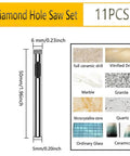Diamond hole saw set, 11 pcs, for glass, tiles, ceramic, marble; includes 6mm bit.