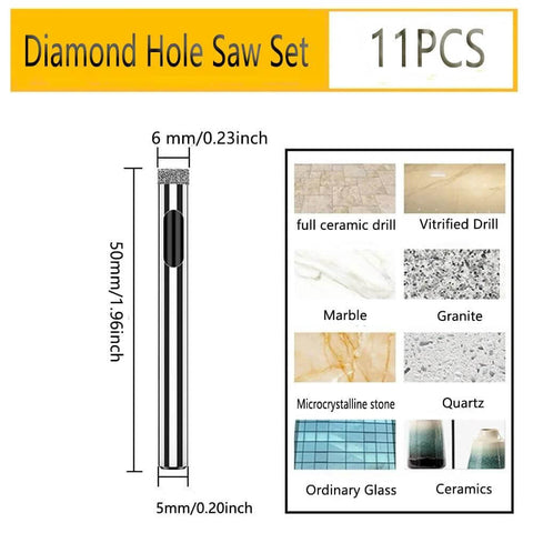 Diamond hole saw set, 11 pcs, for glass, tiles, ceramic, marble; includes 6mm bit.
