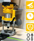 Router with graphics showing benefits next to upgraded dual size collet kit for routers with 1/2 inch and 1/4 inch collets includes parts 326286-03 and 326286-04 compatible with Dewalt DW618B3 and MRC23EVSK pro grade replacement set for quick clean cuts.