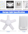 Two Pack LED Garage Lights 100W 10,000 Lumens Daylight 6500K with 4+1 adjustable panels, dimensions and base specification shown