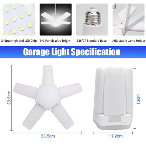 Two Pack LED Garage Lights 100W 10,000 Lumens Daylight 6500K with 4+1 adjustable panels, dimensions and base specification shown