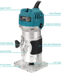 Pro Level 800W Palm Router Kit with 30,000 RPM see-through adjustable base, toggle switch, non-slip handle, and 1/4 inch collet.