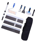 Kick Ass Self Leveling Cement Tool Kit With Long Reach Extension Pole Pro Grade Scrapers And Paint Rollers for smooth flooring preparation, includes scrapers, trowels, roller.