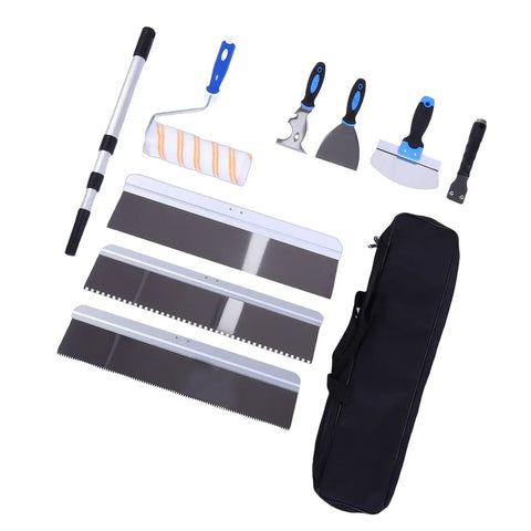Kick Ass Self Leveling Cement Tool Kit With Long Reach Extension Pole Pro Grade Scrapers And Paint Rollers for smooth flooring preparation, includes scrapers, trowels, roller.