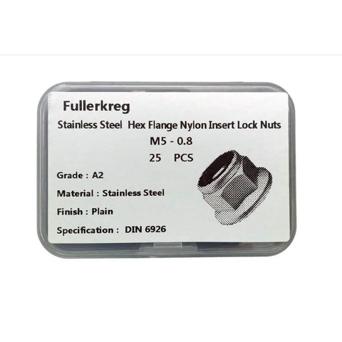Pack Of 25 M5 X 0.8 DIN 6926 Hex Flange Nylon Insert Lock Nuts, 18-8 Stainless Steel 304 Bright Finish, Thread Size M5