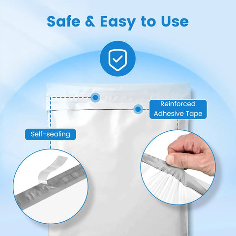 Close-up of Heavy Duty 19x24 Inch Poly Mailers 500 Pack Bulk Shipping Envelopes for Clothes highlighting self-seal features.