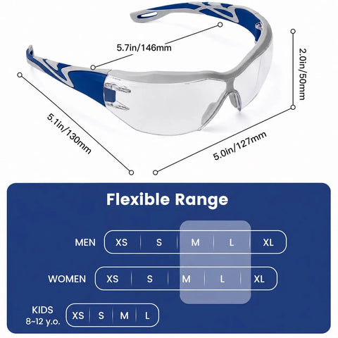 Wraparound Safety Glasses With Anti Fog Shield And Uv400 Guard Built Different For All Day Hustle Top Shelf For Pickleball showing size dimensions.
