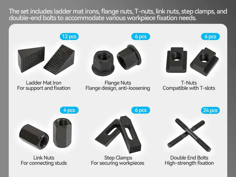 58 Piece Hold Down Clamp Set For Milling Machines features ladder mat irons, flange nuts, T-nuts, link nuts, step clamps, and bolts.