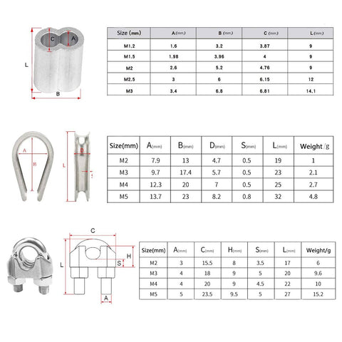 Diagram of sizes and dimensions for sleeves, thimbles, and clips in 1/8 Inch Stainless Steel Wire Rope Cable Kit 100 Ft Long 7x7 Strands.