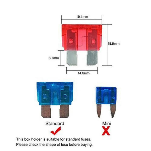 10 Way RV Blade Fuse Block With Bright LED Indicator DC Junction Box dimensions showing standard and mini fuses for compatibility.