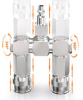 2 Way Air Manifold And Hose Splitter With 3 Ports Heavy Duty Steel Construction Built Tough Corrosion Resistant Pneumatic Quick Connect Socket 360 Degree Swivel Includes 2 Couplers And One Quarter Inch NPT Plug showing 360° swivel.