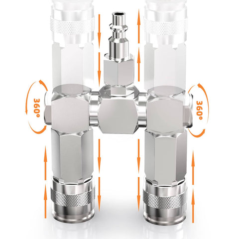 2 Way Air Manifold And Hose Splitter With 3 Ports Heavy Duty Steel Construction Built Tough Corrosion Resistant Pneumatic Quick Connect Socket 360 Degree Swivel Includes 2 Couplers And One Quarter Inch NPT Plug showing 360° swivel.