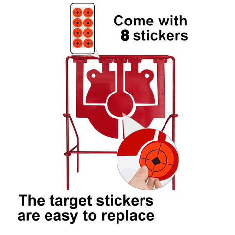 5 In 1 Pellet Gun Target With Auto Reset showing 8 replaceable target stickers for BB and air rifles, outdoor practice target.