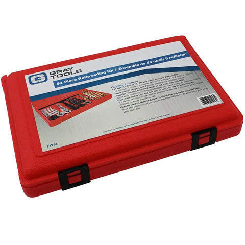 Red carrying case for Rethreading Kit With 53 Pieces Including 19 Taps, 32 Dies And 2 Thread Files For NC NF And Metric Sizes